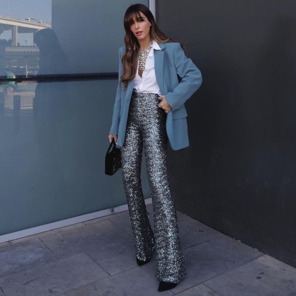 BLOGGER'S FAVE! Zara Flared Sequin Leggings Dark Silver NWT